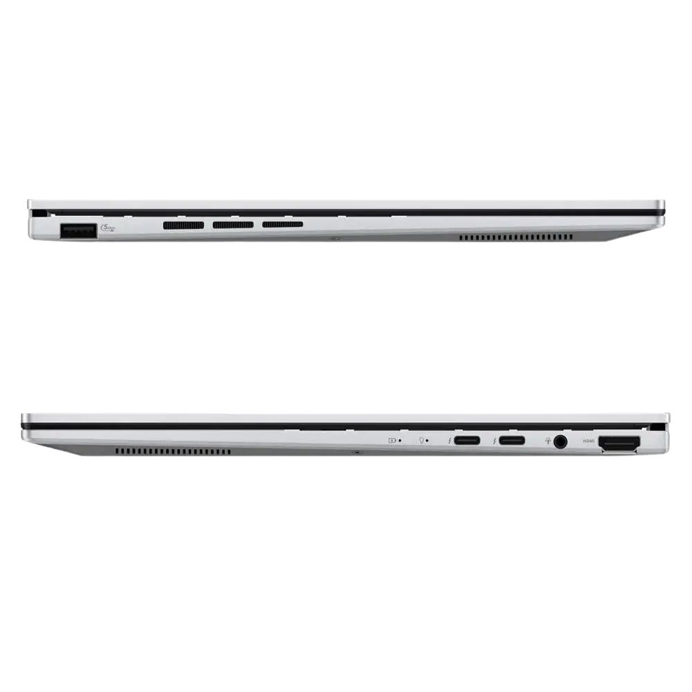 Üst: USB-A bağlantı noktalı ve havalandırma delikli gümüş laptop kenarı. Alt: bağlantı noktaları olan kenar.