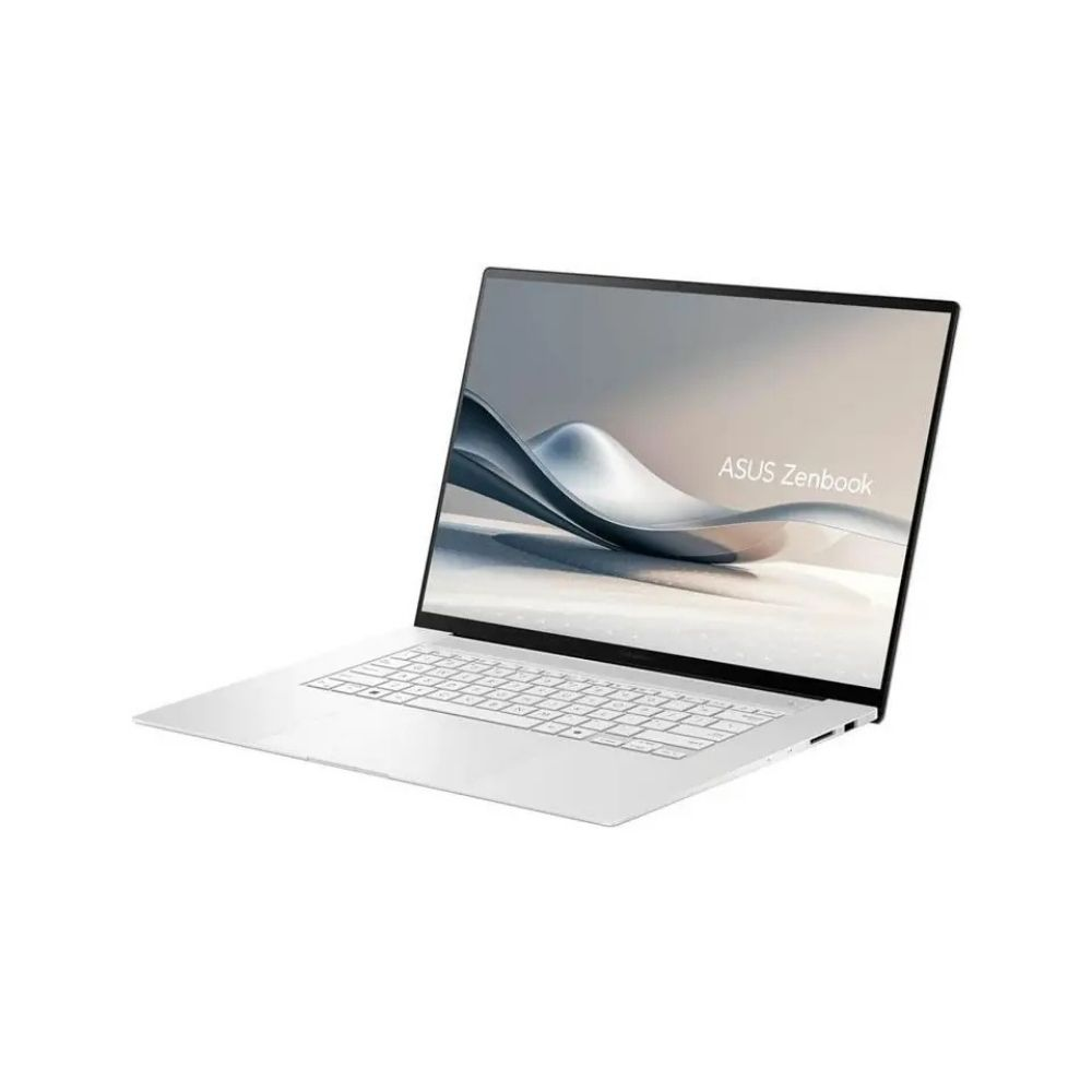 Ekranında soyut bir resim bulunan şık, beyaz bir Asus Zenbook dizüstü bilgisayar.
