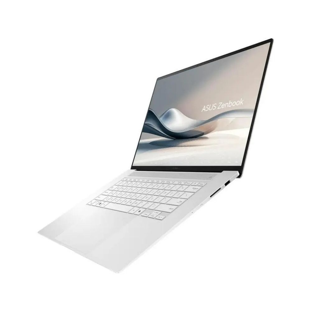 Açık beyaz bir ASUS Zenbook dizüstü bilgisayar, ekranda şık soyut bir duvar kağıdı gösteriyor.