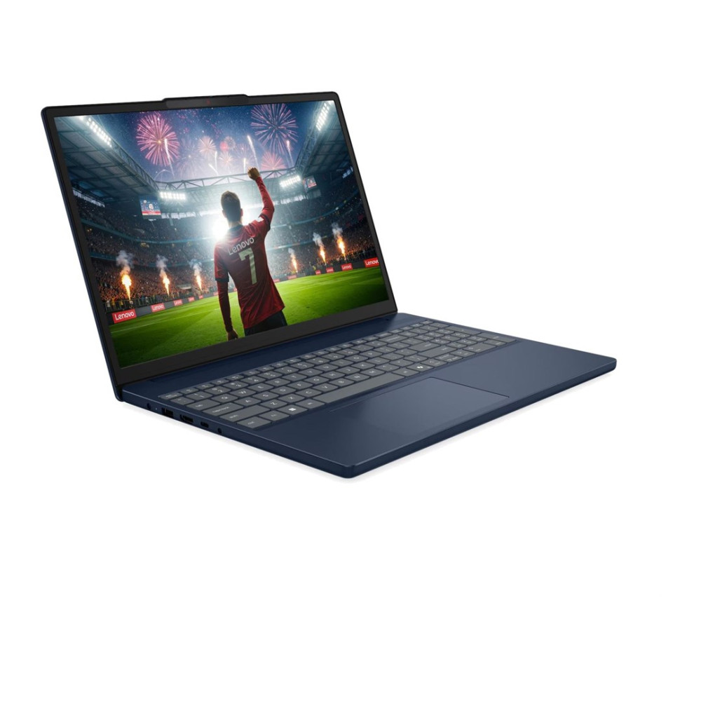 Niebieski laptop Lenovo z meczem piłki nożnej i fajerwerkami na stadionie.