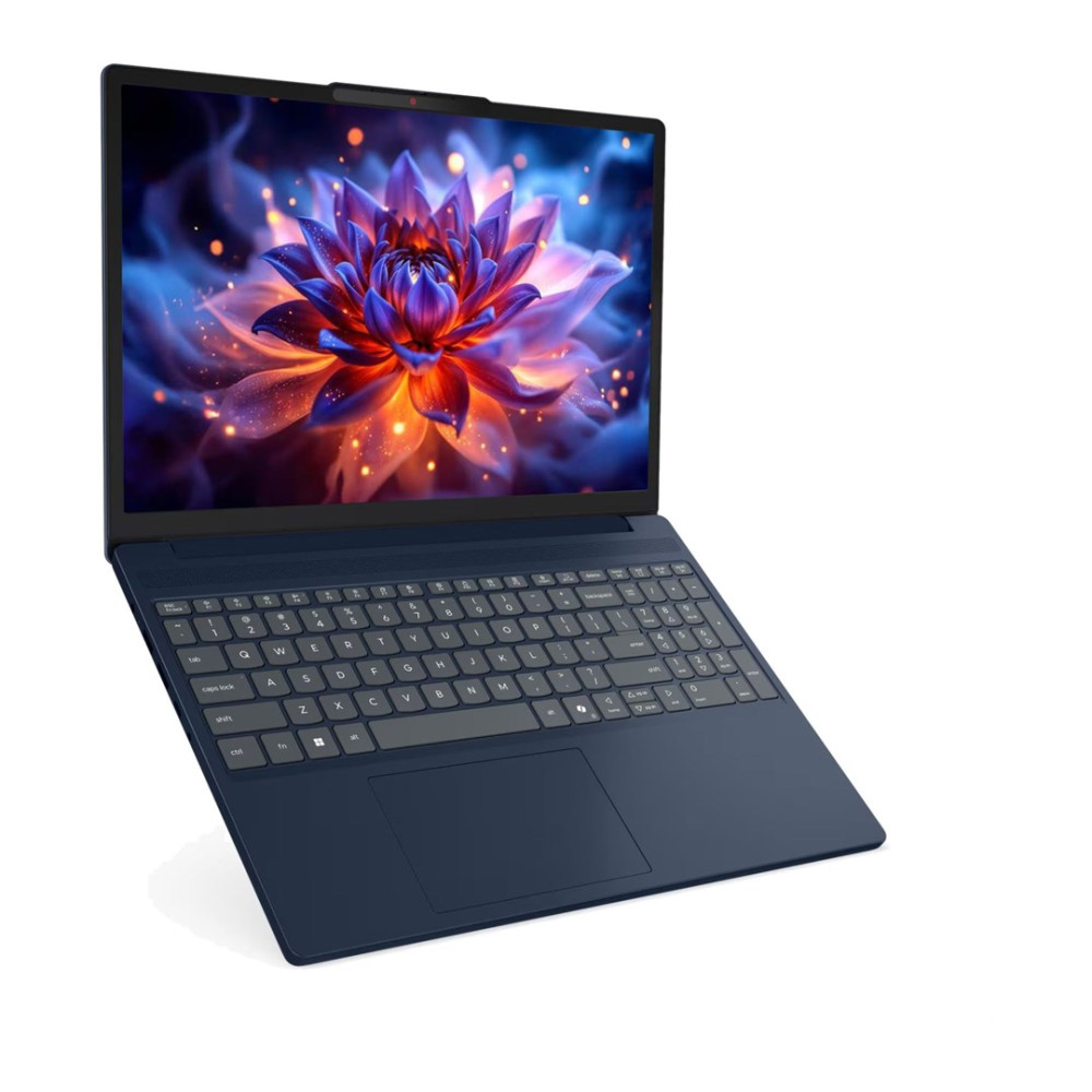 Ciemnoniebieski laptop z klawiaturą i ekranem wyświetlającym kolorowy kwiat.