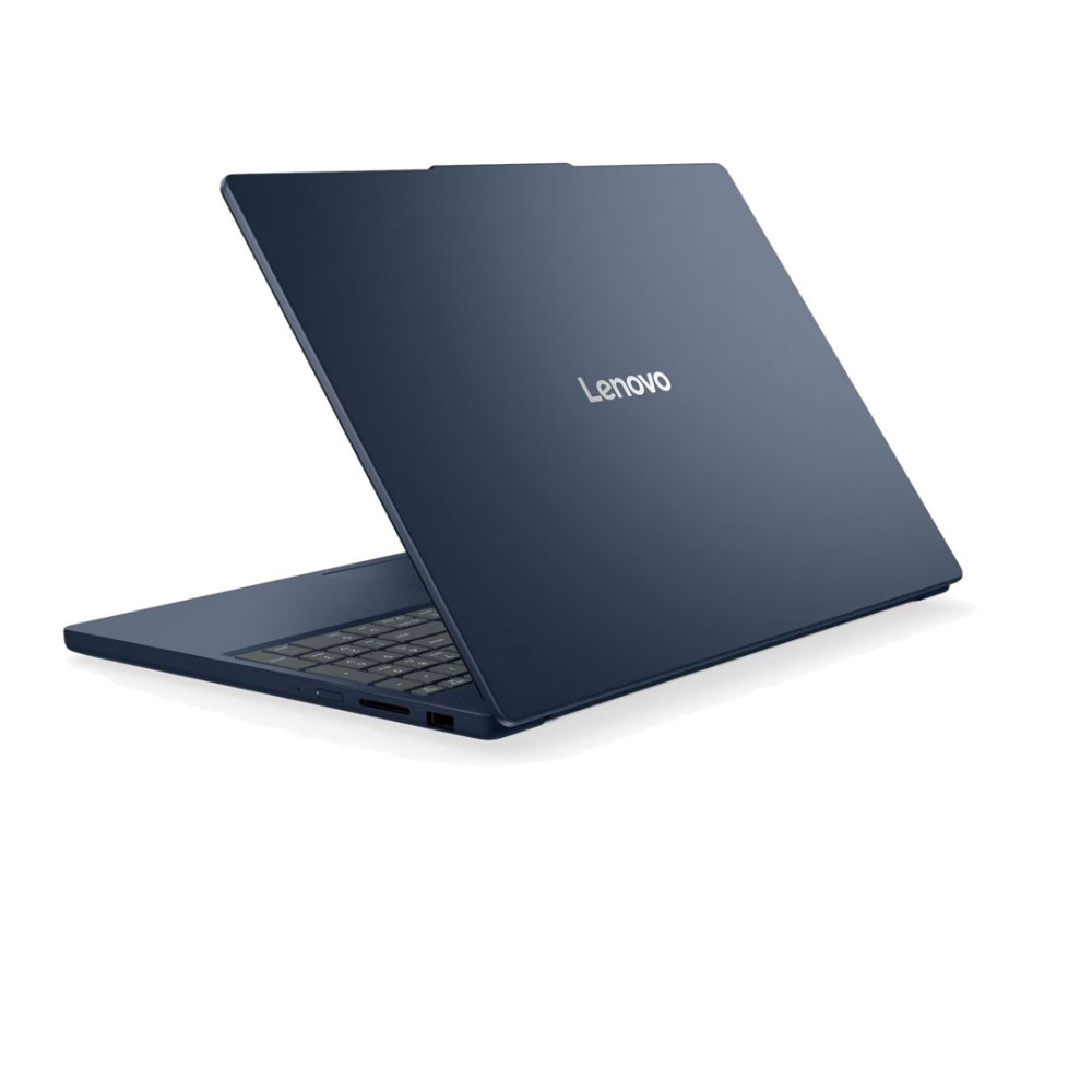 Ciemnoniebieski laptop Lenovo, widziany od tyłu z lewej strony, z otwartym ekranem.