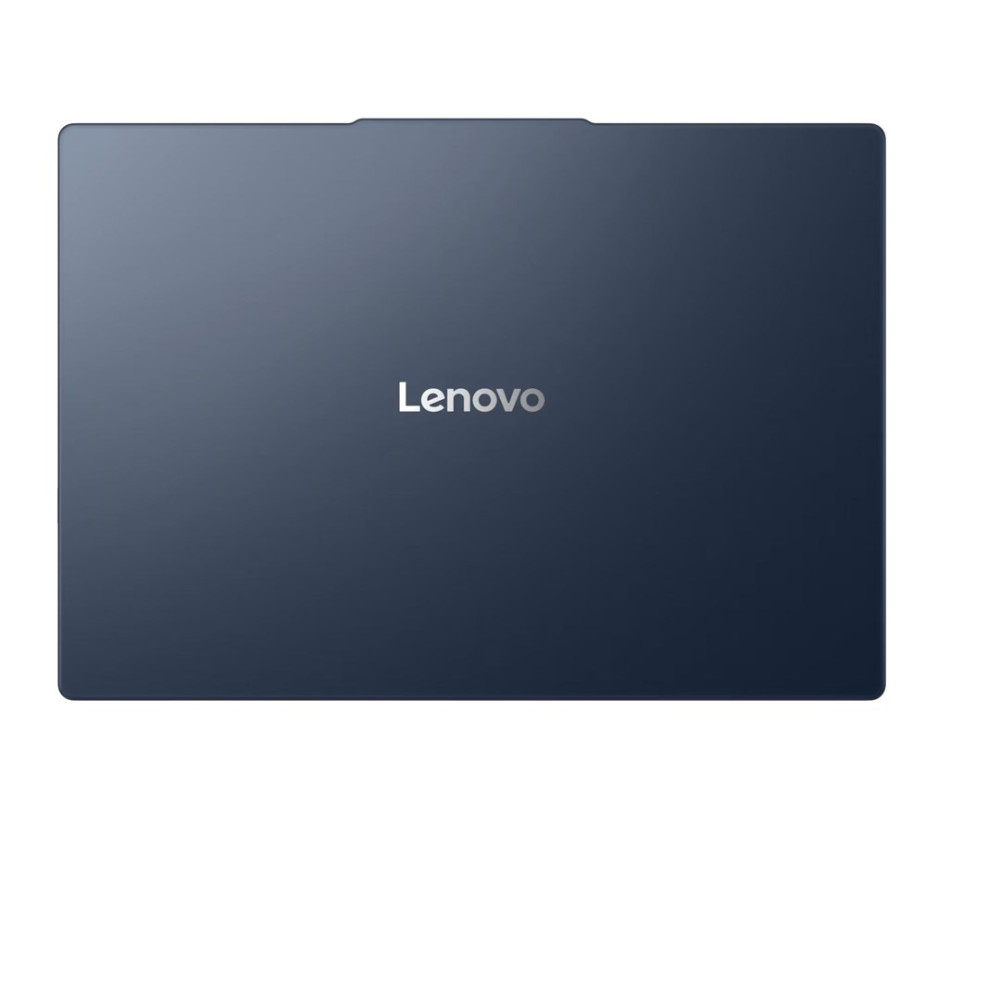 Zamknięty, granatowy laptop Lenovo na białym tle.