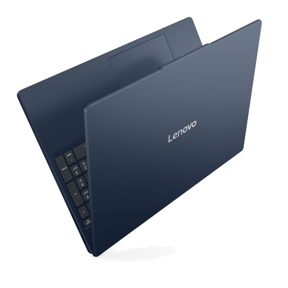 Ciemnoniebieski laptop Lenovo częściowo otwarty, widoczna klawiatura i touchpad.