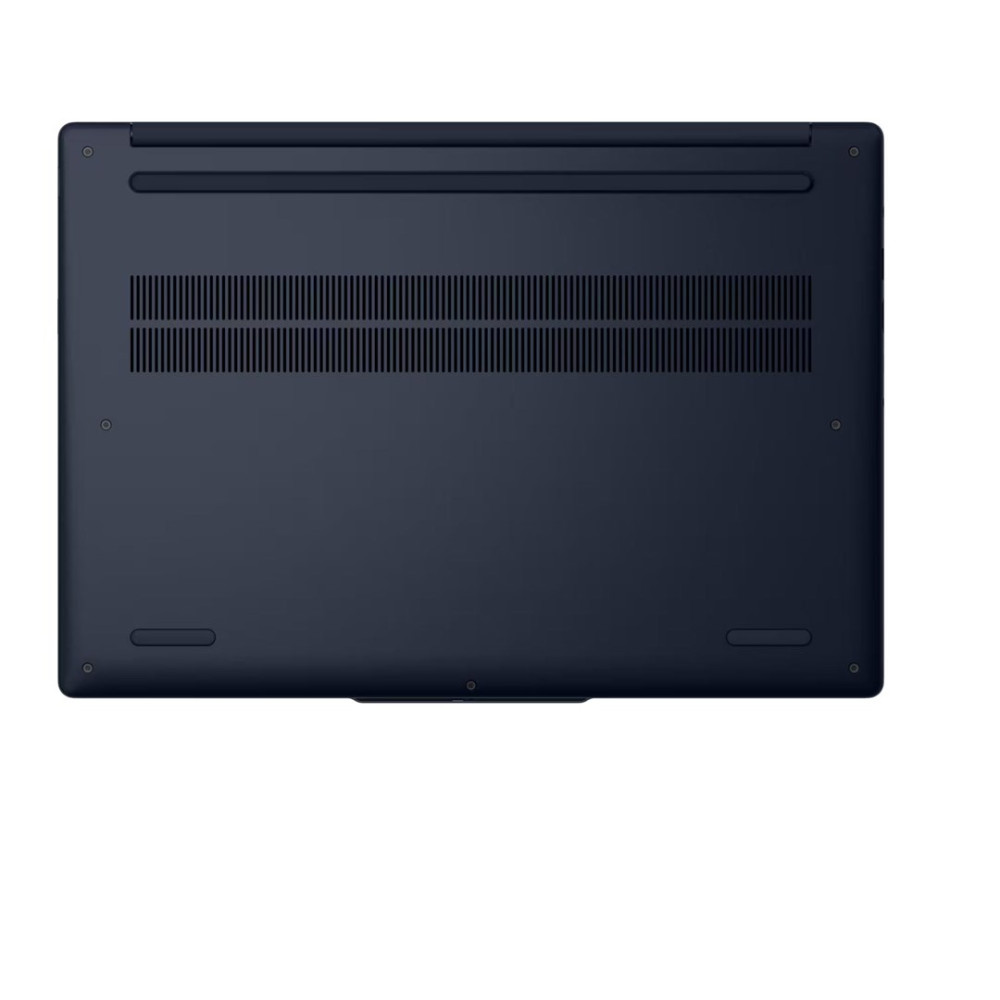Ciemnoniebieski spód laptopa z otworami wentylacyjnymi i śrubami.