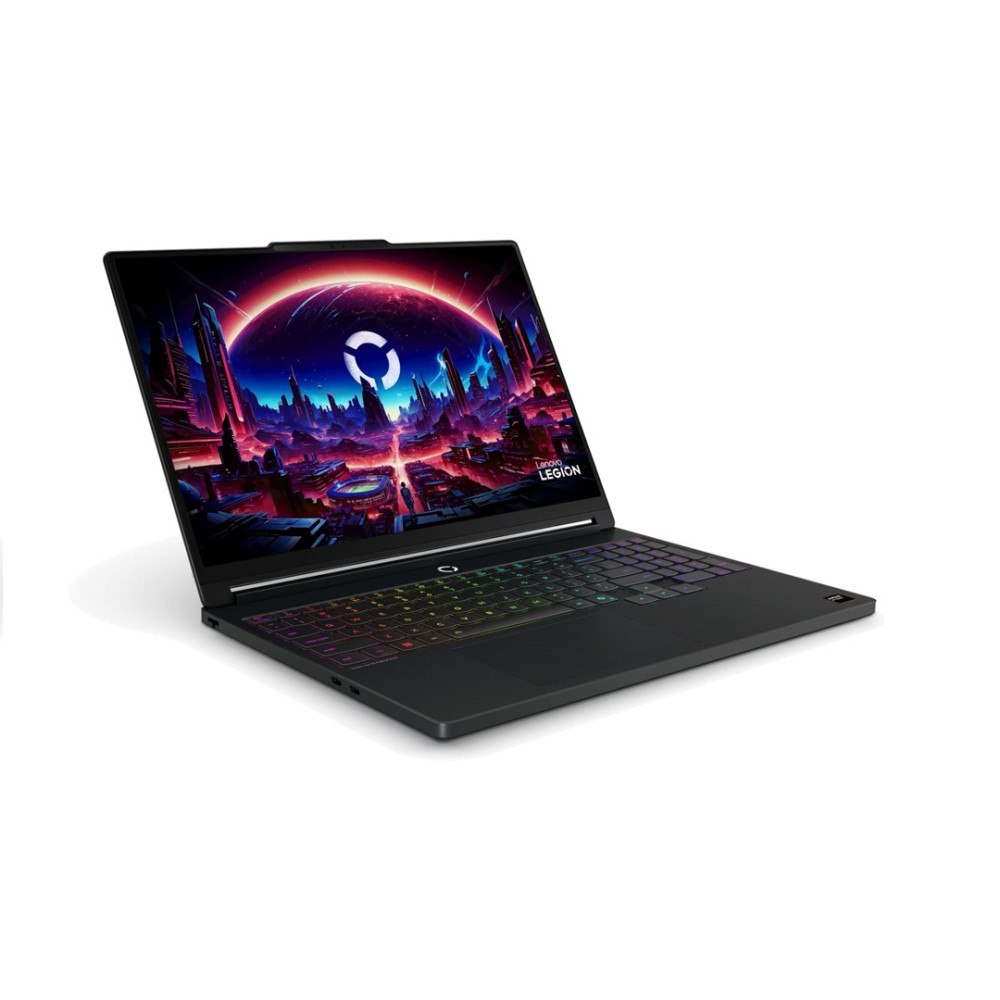 Czarny laptop z podświetlaną klawiaturą i futurystyczną tapetą pulpitu.
