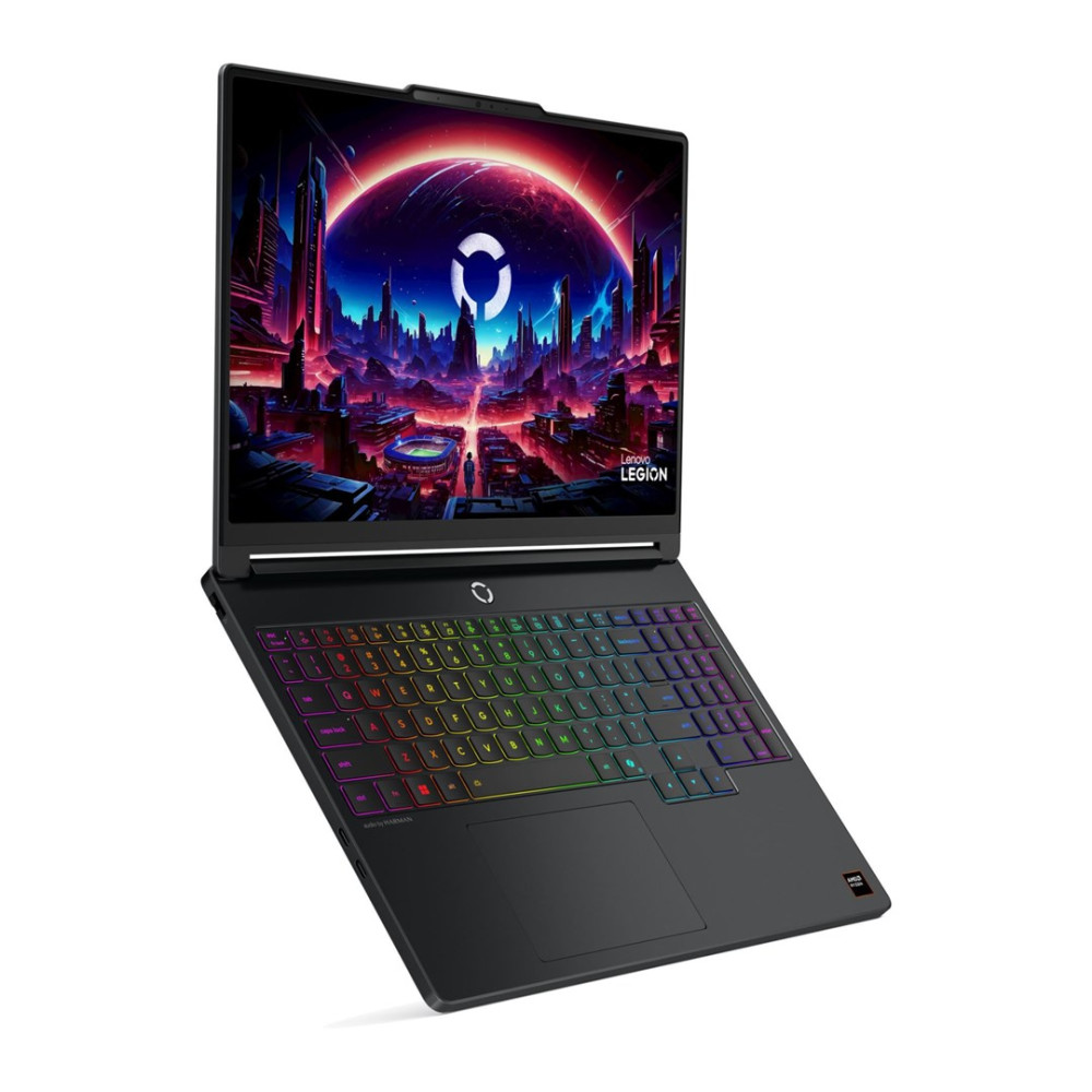 Czarny laptop z podświetlaną klawiaturą i futurystyczną tapetą.