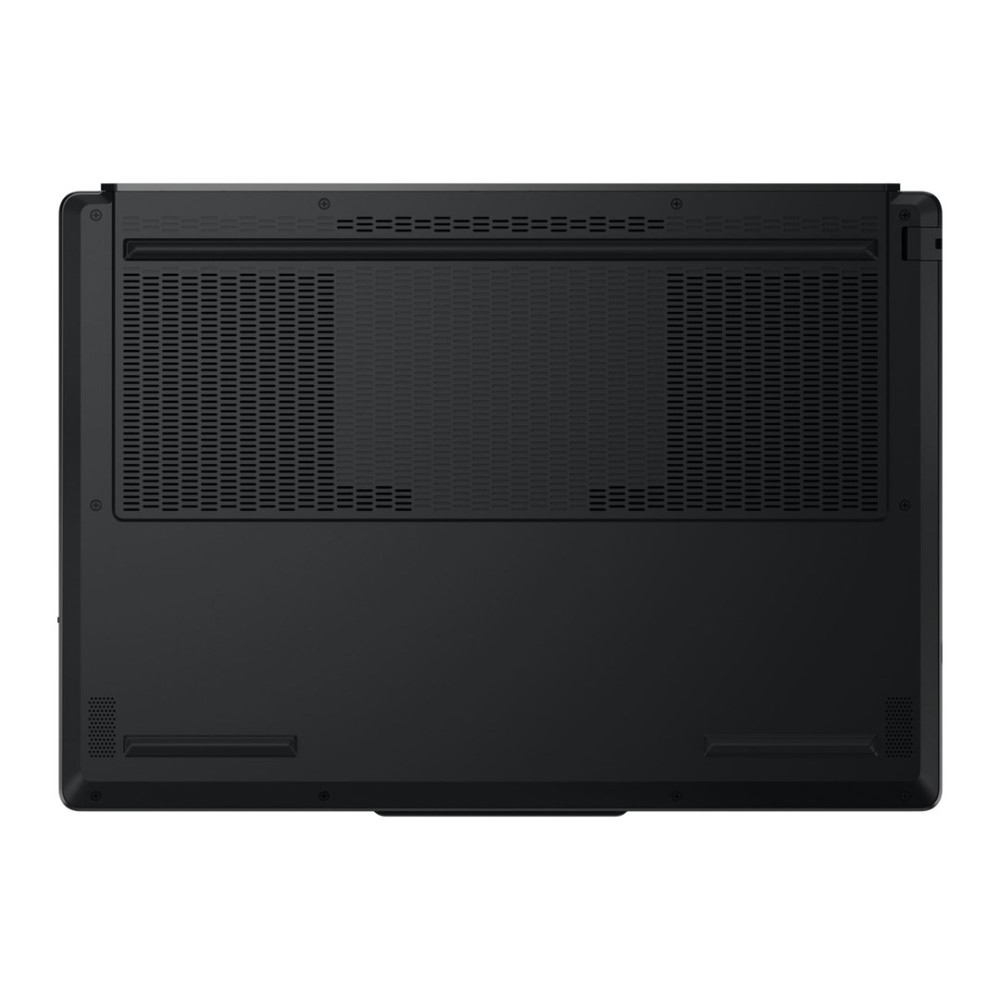 Spód czarnego laptopa z widocznymi otworami wentylacyjnymi i śrubami.