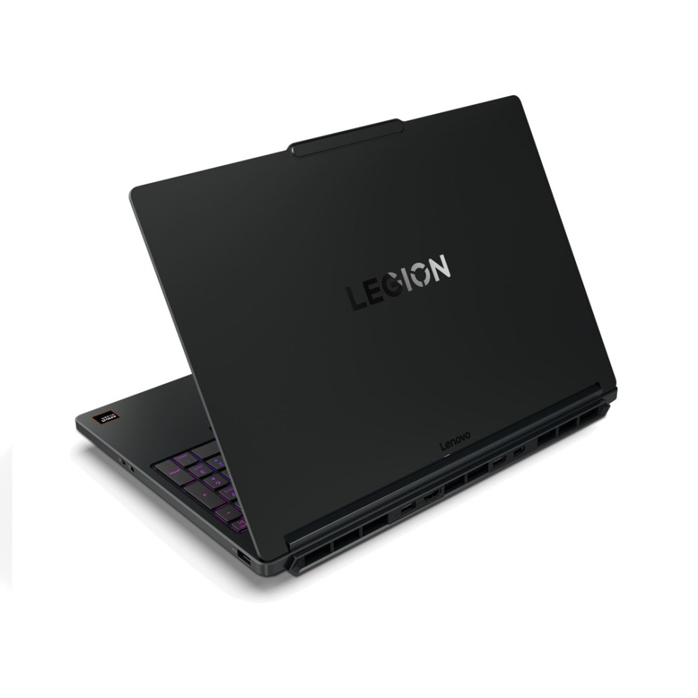 Czarny laptop gamingowy Lenovo Legion z podświetlaną klawiaturą, na białym tle.