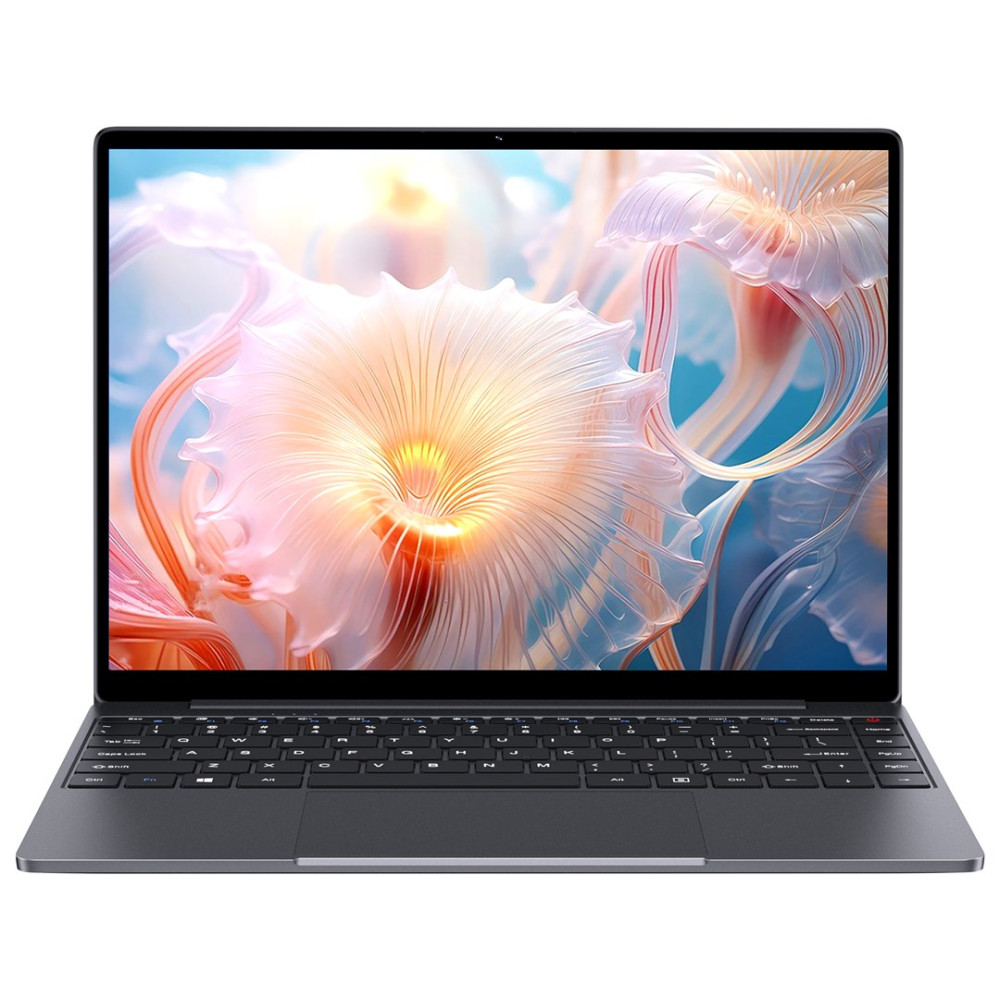 Otwarty laptop z abstrakcyjnym, świecącym kwiatowym tłem pulpitu.
