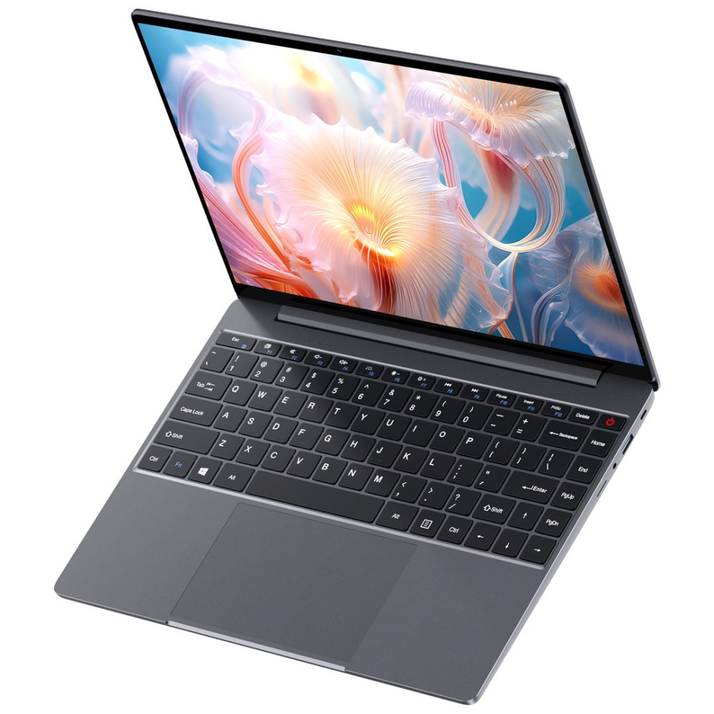 Otwarty, ciemny laptop z kolorową tapetą na ekranie.