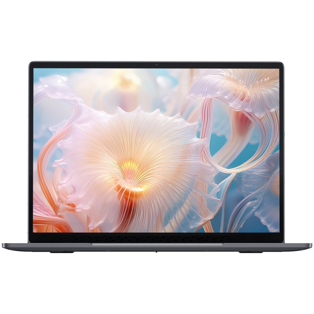 Otwarty laptop wyświetlający tapetę z abstrakcyjnymi, przypominającymi kwiaty kształtami w pastelowych kolorach.
