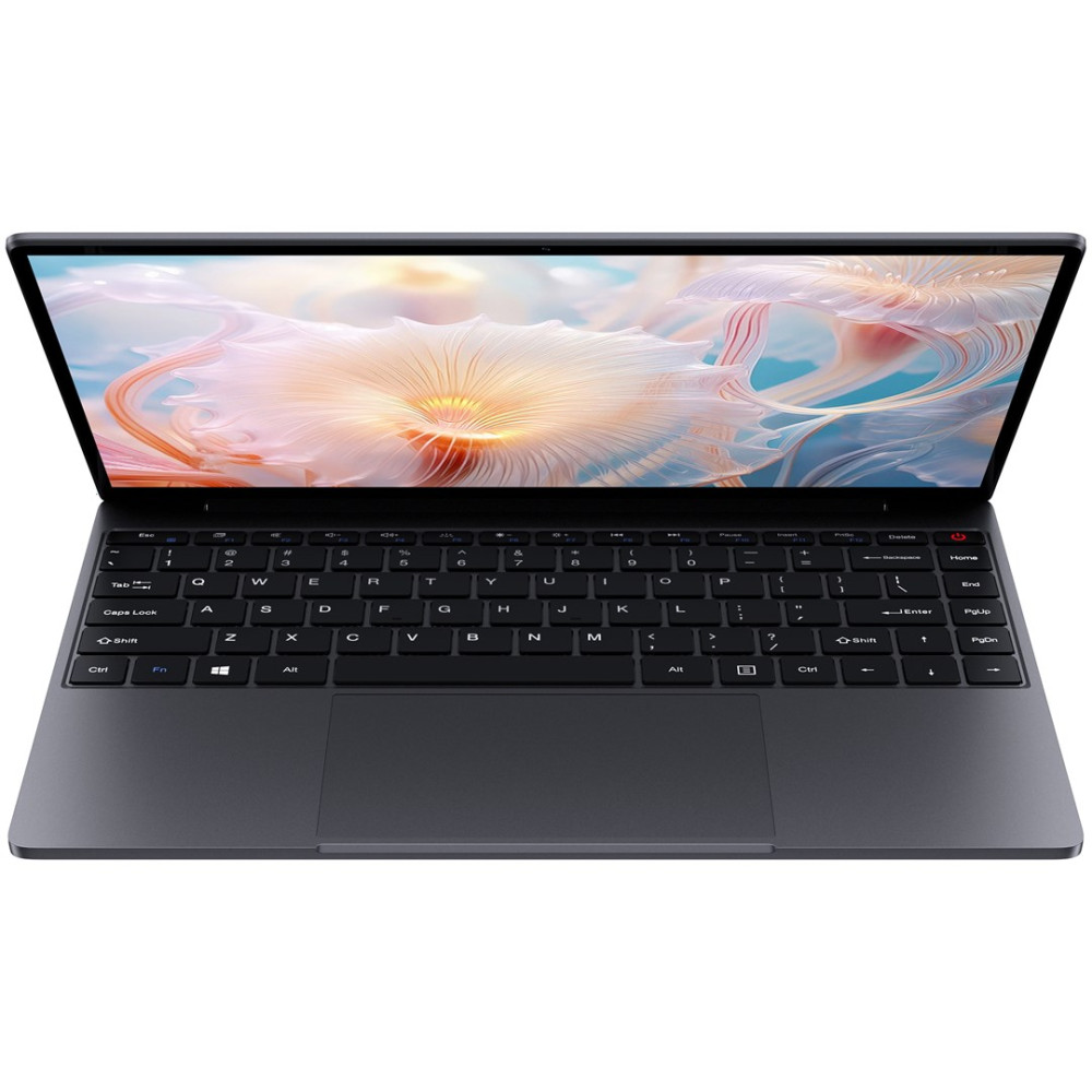 Ciemnoszary laptop z otwartym ekranem wyświetlającym abstrakcyjny obraz.