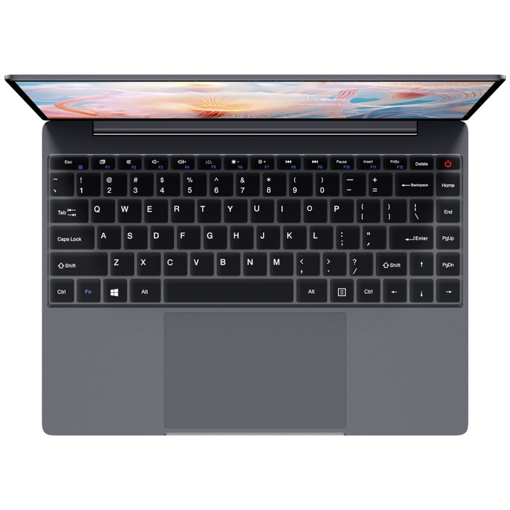 Szary laptop z otwartym ekranem, klawiaturą i touchpadem.