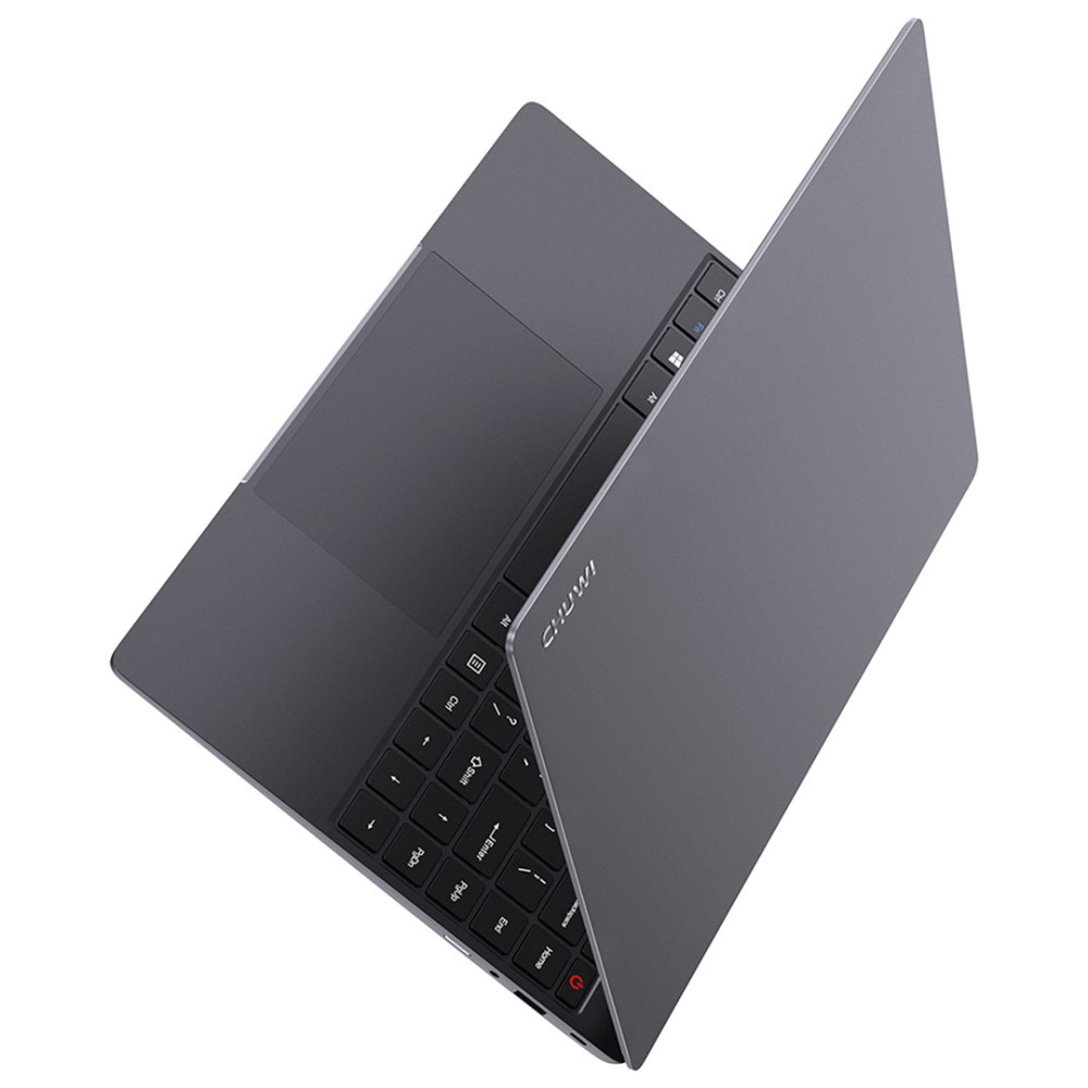 Szary laptop CHUWI z otwartą pokrywą, widok z góry na klawiaturę i touchpad.