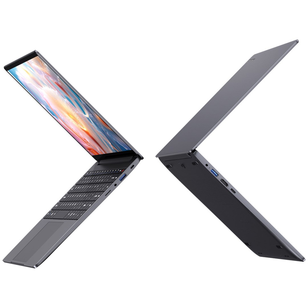 Dwa otwarte szare laptopy pod kątem na białym tle.