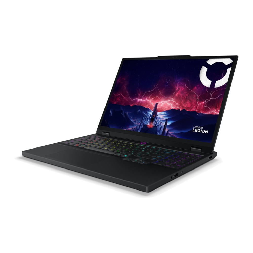 Czarny laptop z podświetlaną klawiaturą i dramatycznym tłem.