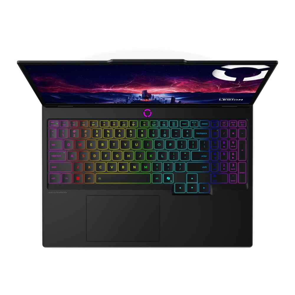 Otwarty czarny laptop z podświetlaną klawiaturą i tapetą do gier.