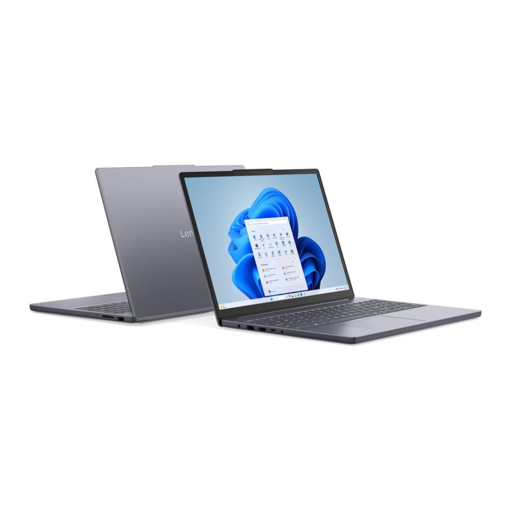 Dwa szare laptopy na białym tle. Jeden jest otwarty, wyświetla Windows 11.