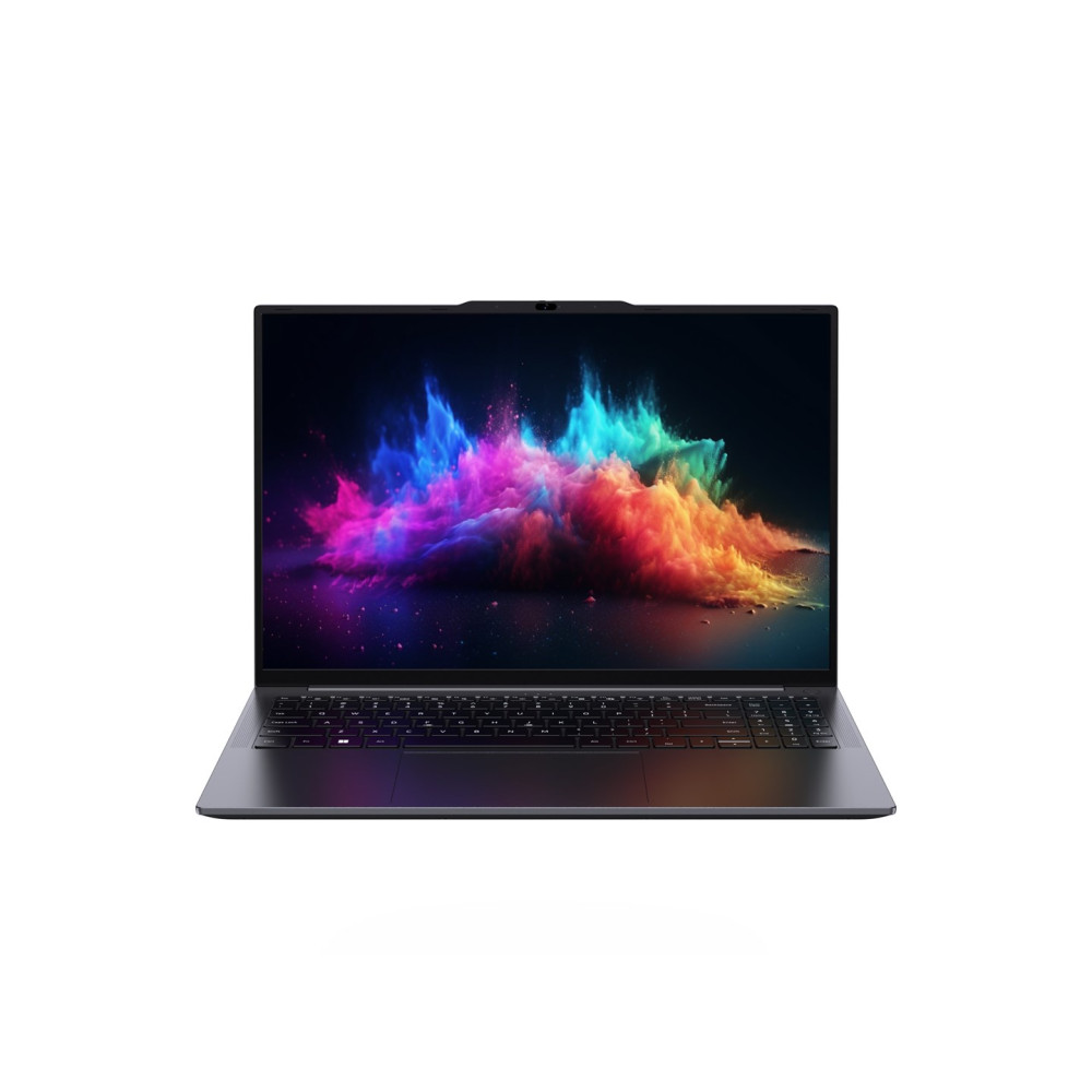 Otwarty laptop z kolorową eksplozją dymu na ekranie.