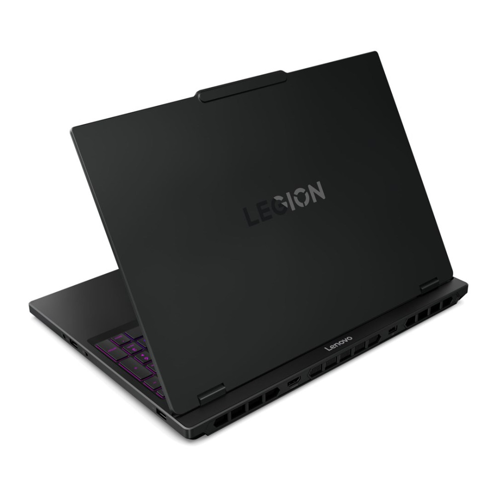 Czarny laptop z fioletową podświetlaną klawiaturą, logo "LEGION" na pokrywie.