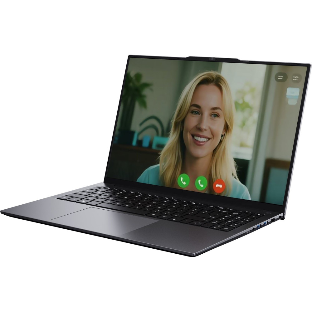 Laptop wyświetla rozmowę wideo z uśmiechniętą blondynką. Widoczne kontrolki połączenia.