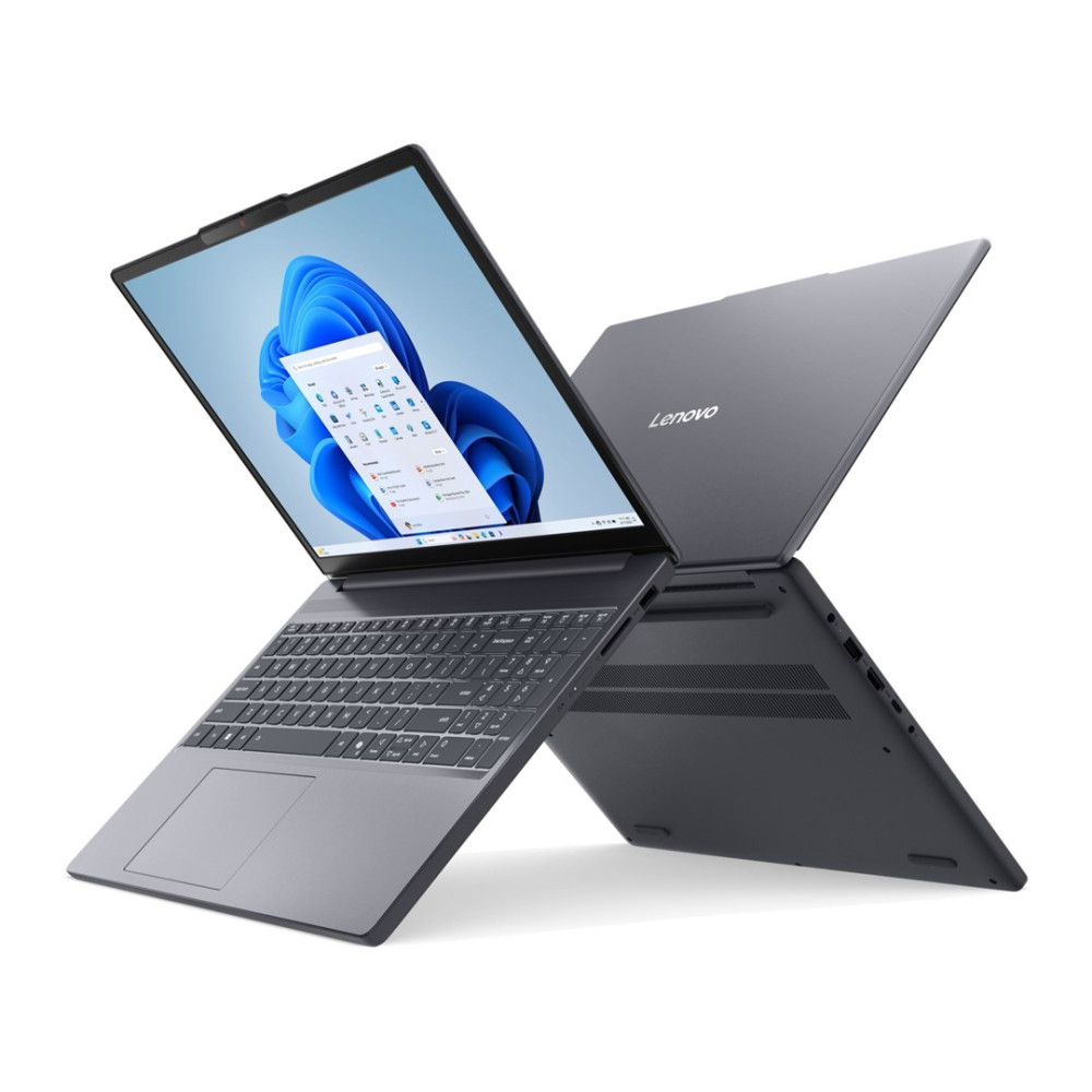 Szary laptop Lenovo z otwartym ekranem, wyświetlający system Windows 11.