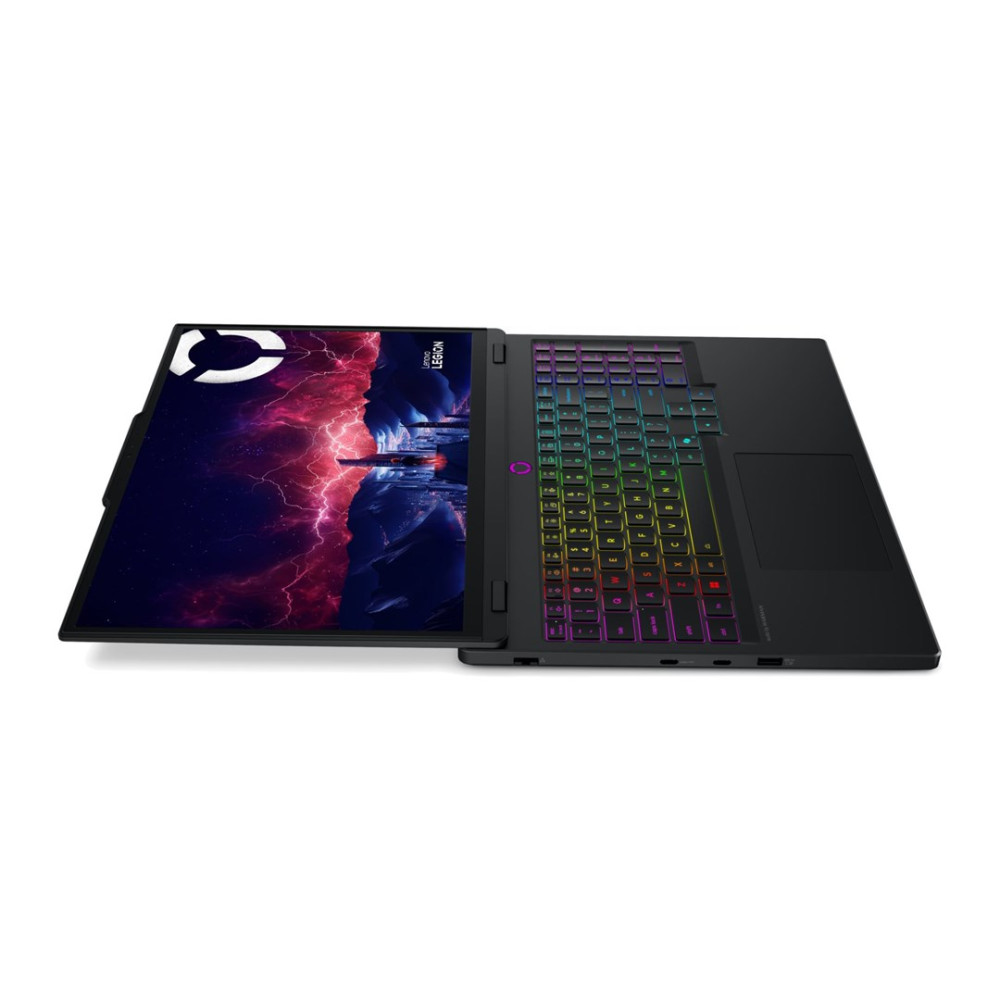 Otwarty czarny laptop z podświetlaną klawiaturą i dynamiczną tapetą.