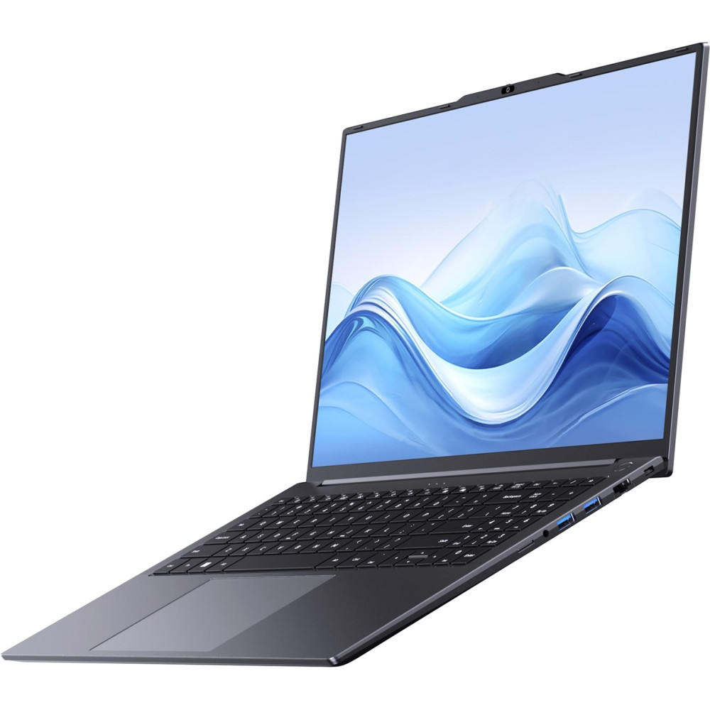 Ciemny laptop z otwartym ekranem wyświetlającym animację niebieskich fal.