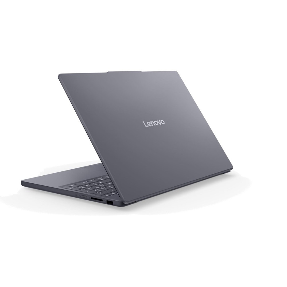 Zamknięty, szary laptop Lenovo na białym tle.