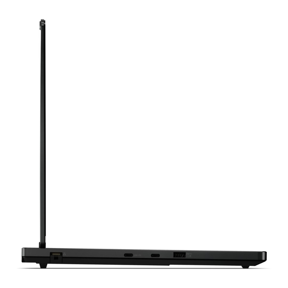Widok z boku czarnego laptopa z otwartym ekranem, pokazujący porty na boku.