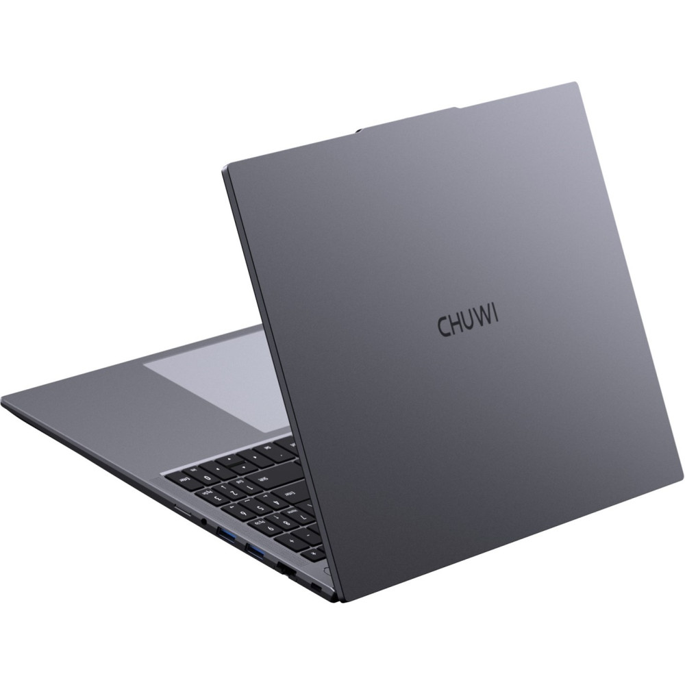 Zamknięty szary laptop z logo Chuwi na pokrywie.