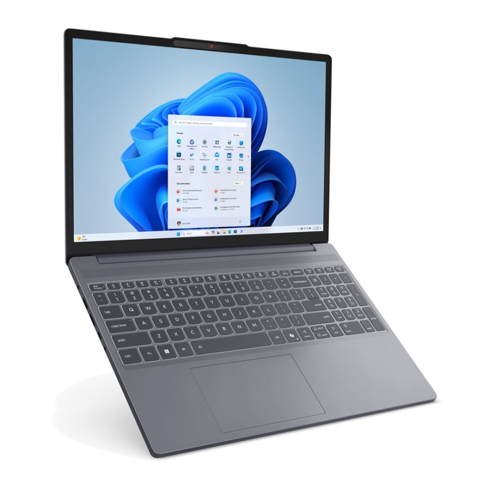 Szary laptop z menu startowym Windows 11 na ekranie.