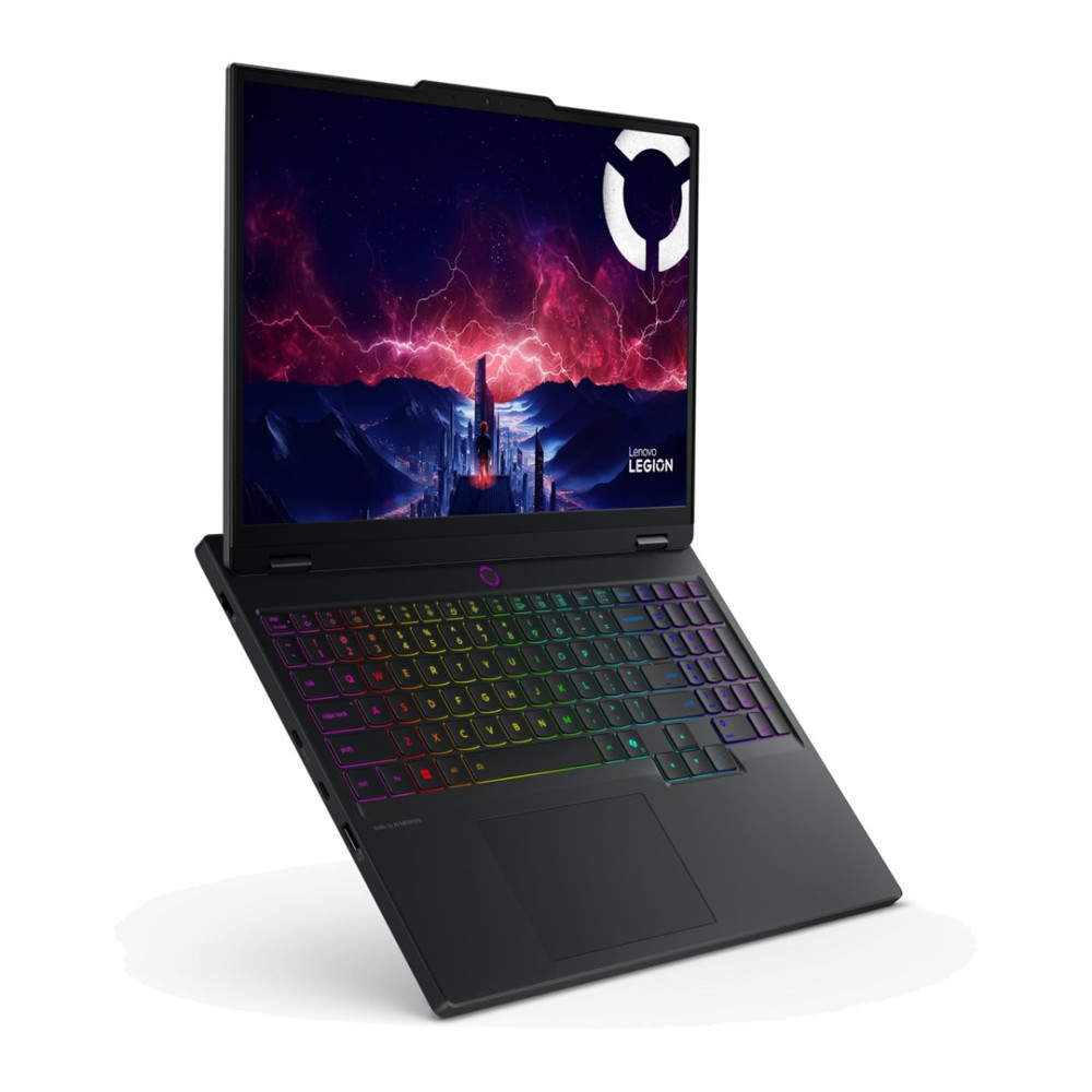 Otwarty czarny laptop Lenovo Legion z kolorową klawiaturą i futurystycznym miastem na ekranie.