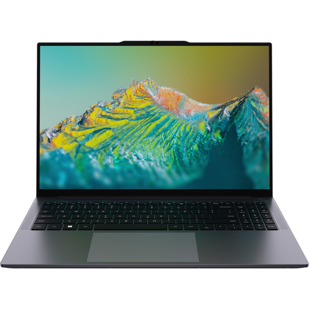 Otwarty, ciemny laptop wyświetlający kolorową grafikę tapety pulpitu.