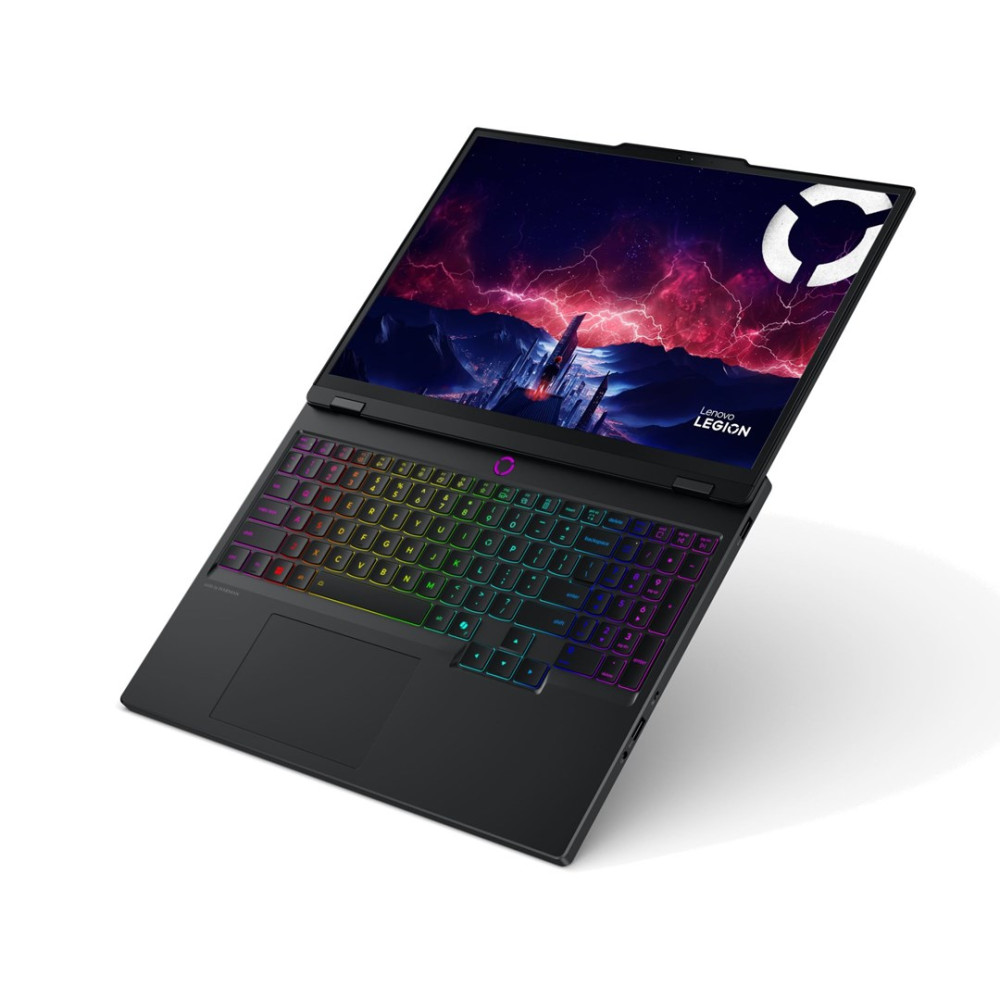 Otwarty czarny laptop Lenovo Legion z klawiaturą RGB i futurystyczną tapetą.