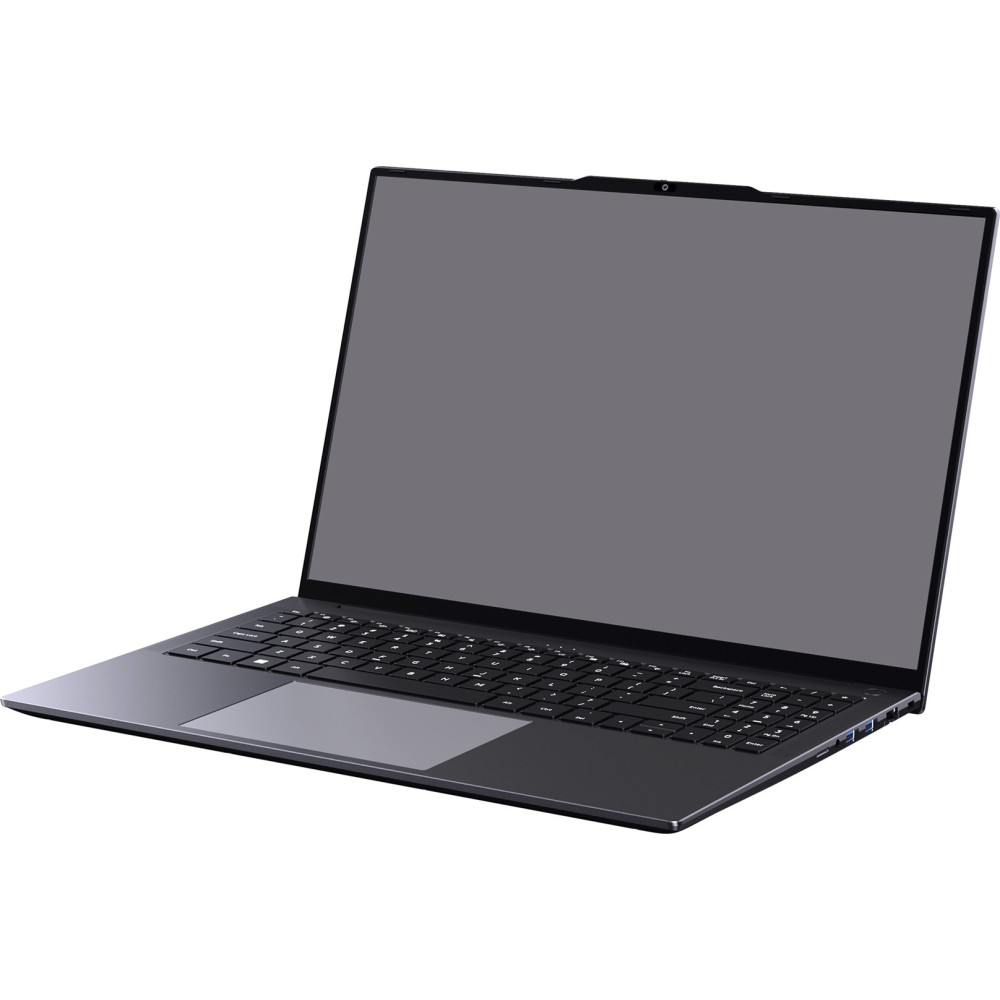 Zamknięty, ciemny laptop z szarym ekranem i klawiaturą.