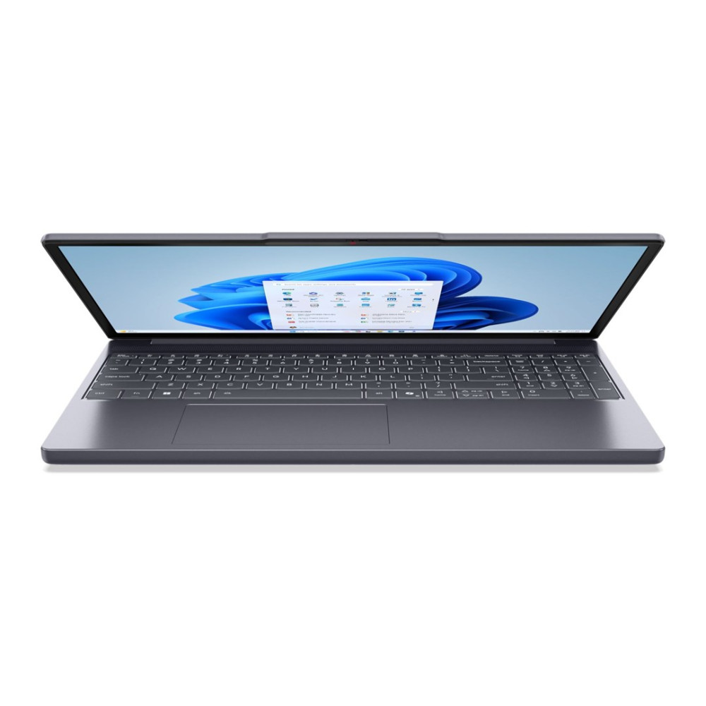 Otwarty szary laptop z niebieskim interfejsem Windows na ekranie.