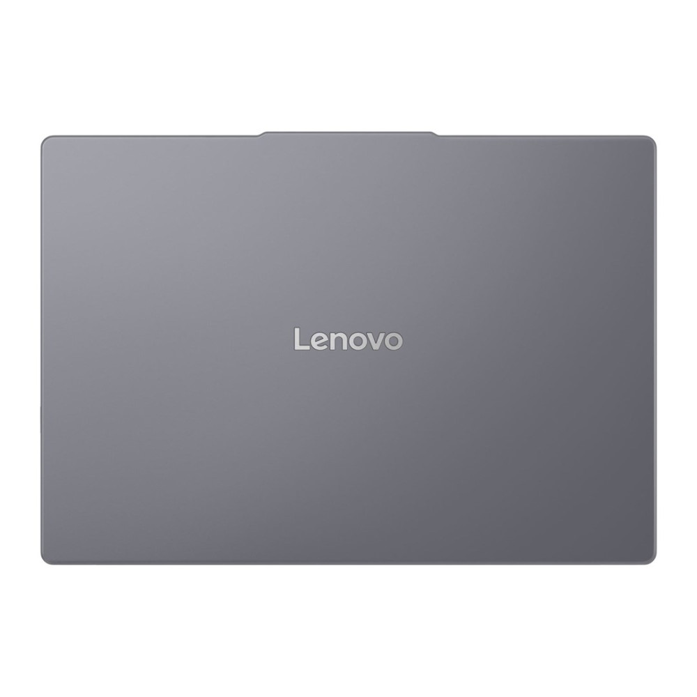 Szara pokrywa laptopa Lenovo z wygrawerowanym logo.