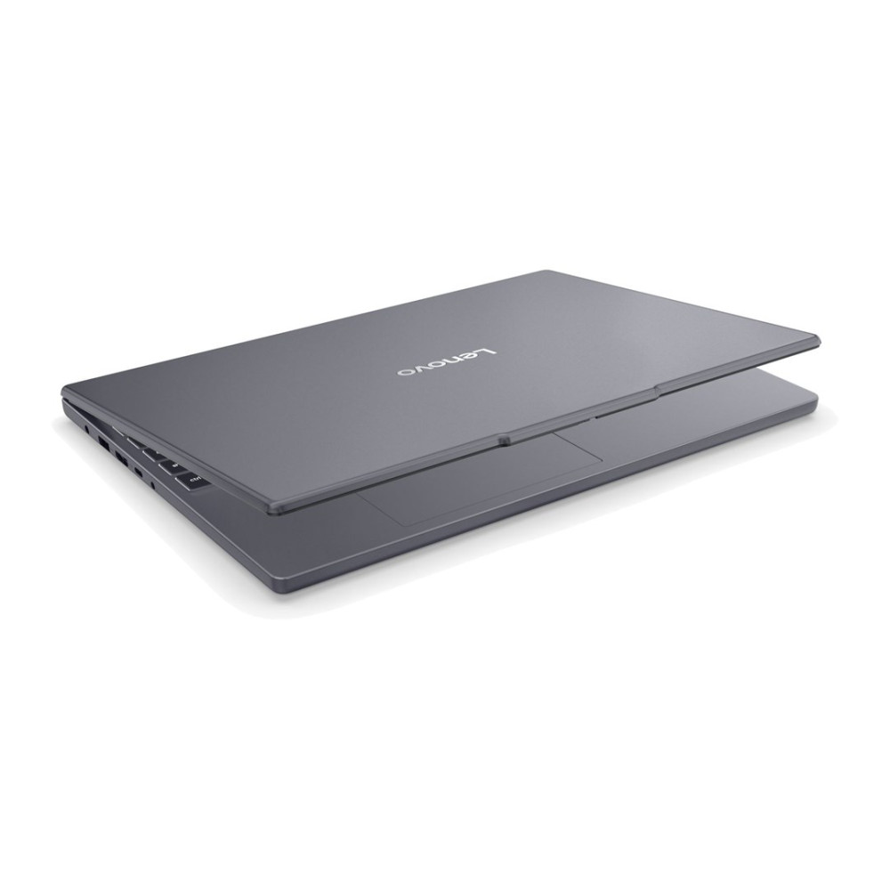 Zamknięty szary laptop Lenovo z logo na pokrywie.