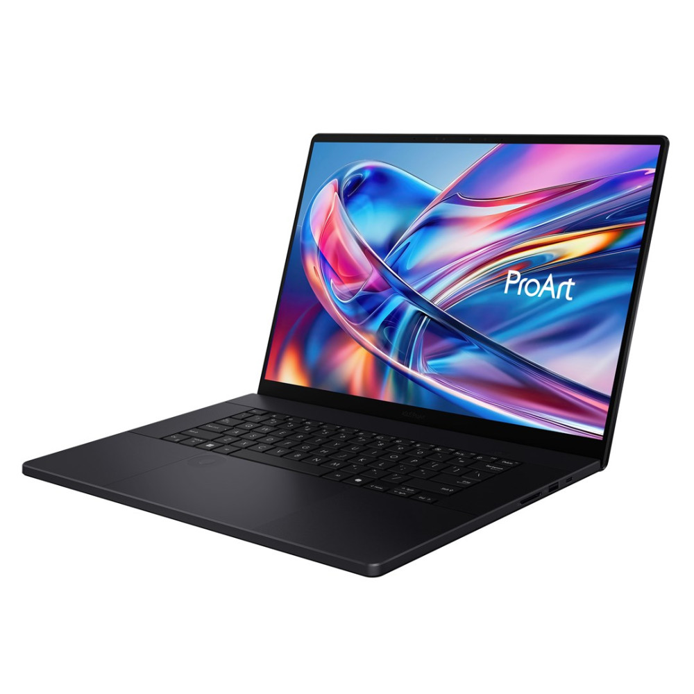 Czarny laptop z kolorową, abstrakcyjną tapetą na ekranie.