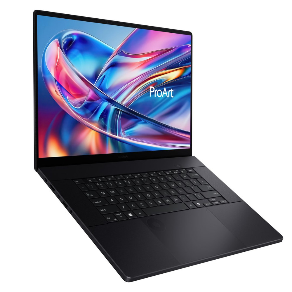 Czarny laptop z podświetlanym ekranem wyświetlającym kolorowy abstrakcyjny wzór.
