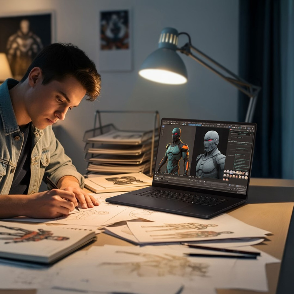 Mężczyzna rysuje na papierze, patrząc na laptopa wyświetlającego postacie 3D.