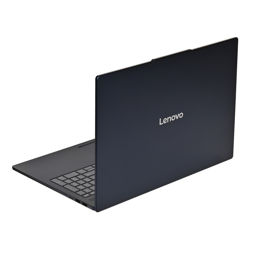 Ciemnoniebieski laptop Lenovo, widziany od tyłu, z otwartym ekranem i widoczną klawiaturą.