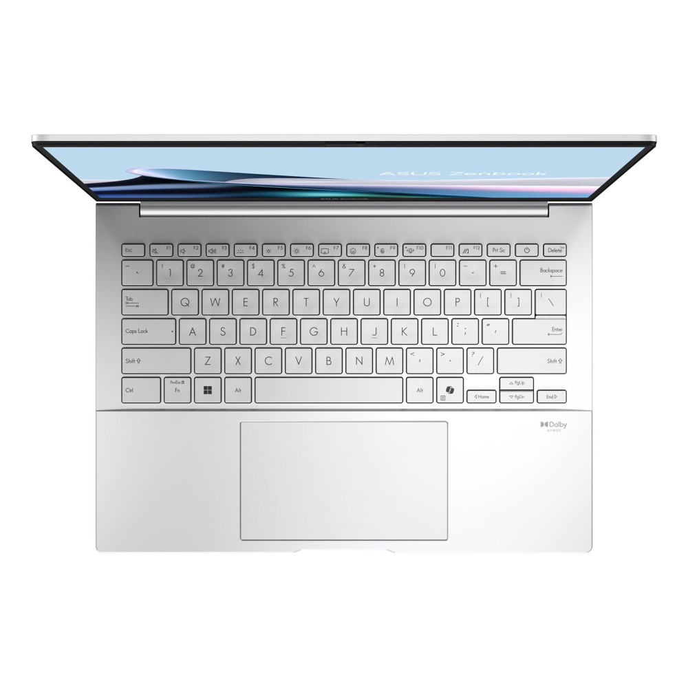 Srebrny laptop Asus Zenbook, otwarty od góry, pokazujący klawiaturę i touchpad.
