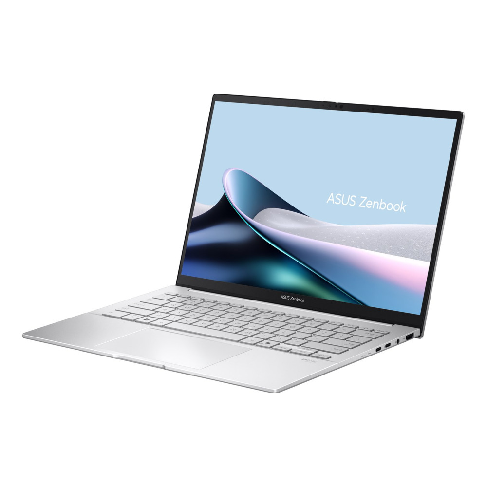 Srebrny laptop ASUS Zenbook jest otwarty, wyświetlając płynną abstrakcyjną tapetę na ekranie.