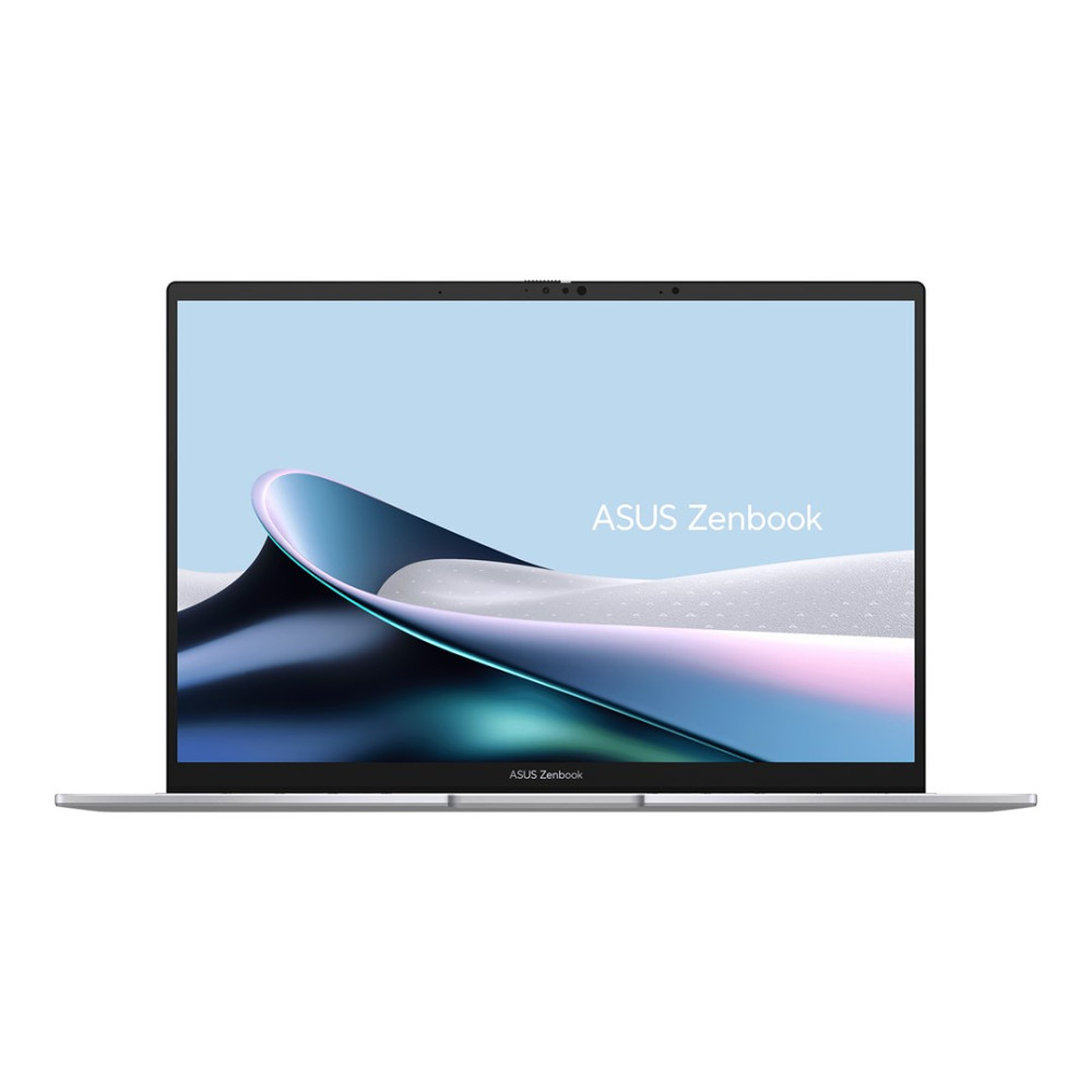 Srebrny laptop ASUS Zenbook z abstrakcyjnym niebiesko-białym tłem na ekranie.