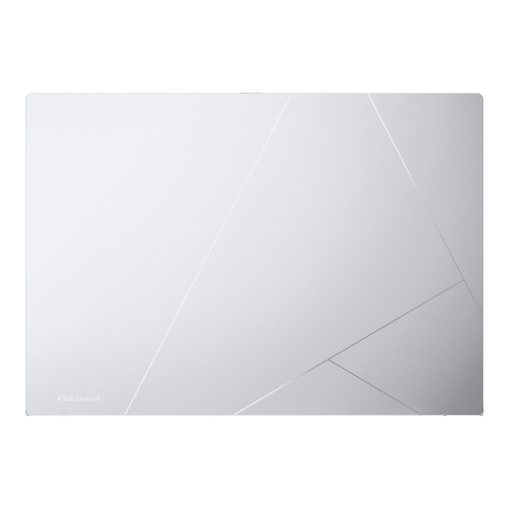 Biały laptop z logo ASUS Zenbook i geometrycznymi liniami.