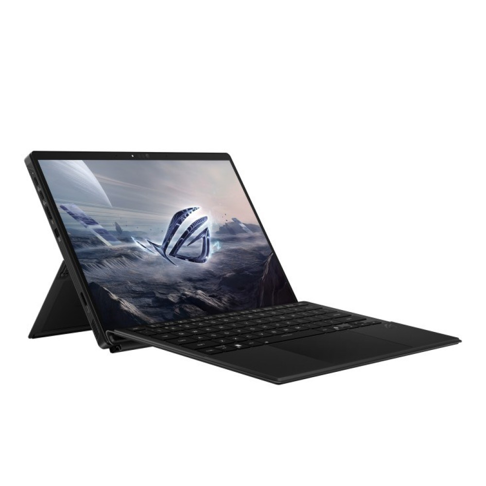 Czarny laptop z klawiaturą i wygaszaczem ekranu stylizowanego logo i futurystycznego krajobrazu.