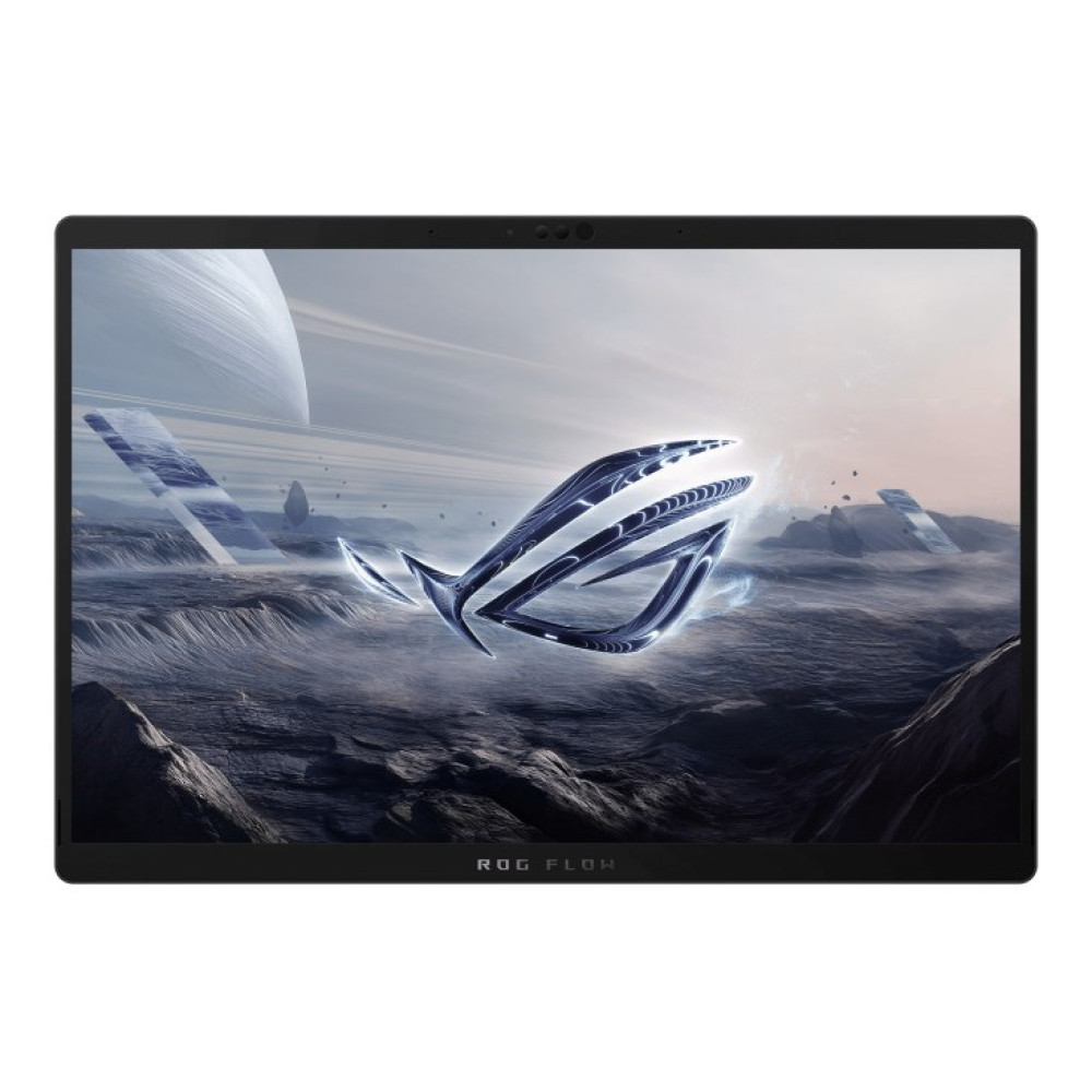 Futurystyczny krajobraz z niebieskim, świecącym logo na ekranie laptopa.